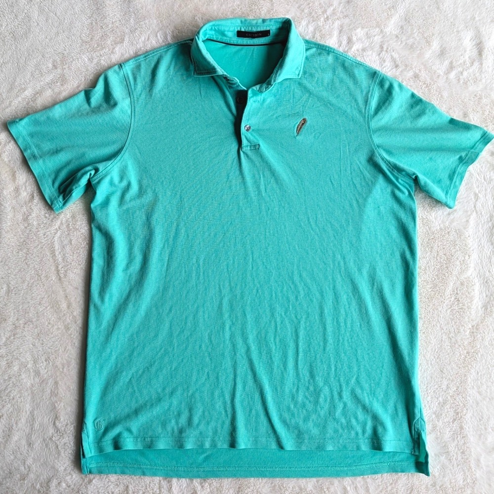 Greyson Short Sleeve Polo Shirt Turquoise Embroidered Feather Logo Men's Size L